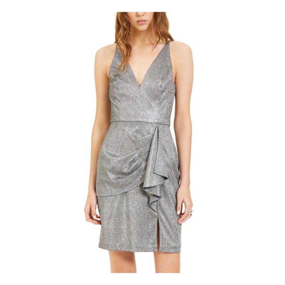 BLONDIE Womens Sheath Short Dress Silver Sleeveless V Neck Party Juniors 1